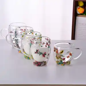 Çiçek çift cidarlı cam kupalar, çeşitli renkler, renkli kahve fincanları, yalıtımlı kahve kupa, çift duvar cam bardak