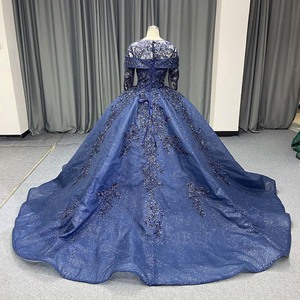 Vestido de Quinceañera Azul Marino de Lujo Lsany279, Cuello Ilusión, Manga Larga, Apliques de Encaje, Vestido de Princesa con Brillo, Jancember - Product Image 4
