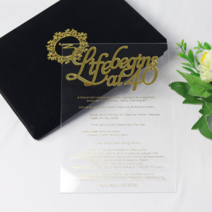 Luxus benutzerdefinierte goldene <span class=keywords><strong>Script</strong></span>-Initialen klar Acryl Hochzeit-Einladungen Goldfolie-Logo schwarze Samthandschachtel - Product Image 1