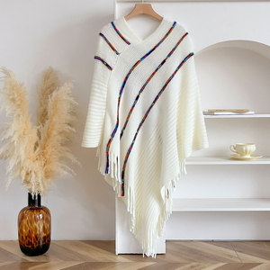 Women Striped Fringe Knitted Shawl Bohemian Acrylic Warm <b>Poncho</b> Scarf 80*97cm - Product Image 3