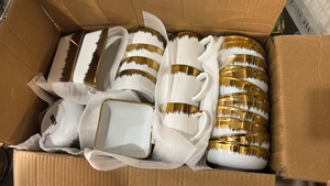 Assiettes <span class=keywords><strong>et</strong></span> plats en céramique écologiques 2026 à prix abordable pour hôtels, mélange blanc <span class=keywords><strong>et</strong></span> bord <span class=keywords><strong>doré</strong></span>, vente en gros par la tonne pour événements - Product Image 6