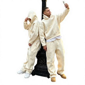 Custom logo 100% 450 Gsm Cotton Oversized Men's Baggy Plain <b>Cropped</b> Heavy <b>Zip</b> <b>up</b> Hoodie and Loose Fit Sweatpants Tracksuit Set - Product Image 2