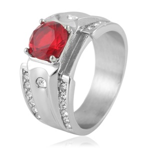yunnique Stainless Steel <b>Ring</b> With Red Gemstone And Diamonds Unisex Wedding <b>Ring</b> Geometric Design Prong Setting - Product Image 1