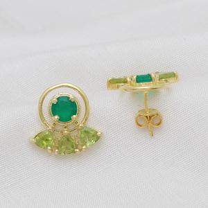 Multi Stone Gold Plated Brass Peridot and Green Onyx <b>Stud</b> <b>Earrings</b>, Office wear <b>studs</b> - Product Image 2