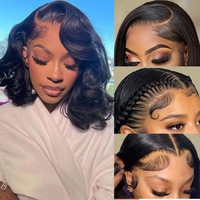 Perruque Courte Ondulée Ample en Cheveux Humains Remy, Densité 200%, Lace Front HD 13x4, Volume Épais et Naturel, Couleur Brun Naturel, Logo Personnalisé