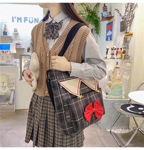 Bolso de mano informal de <span class=keywords><strong>Anime</strong></span> japonés para mujer, bandolera con lazo colorido a cuadros de gran capacidad - Product Image 4