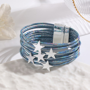 Wholesale Women's Multi Layer <b>Leather</b> <b>Bracelet</b> Gold Star Charm Magnetic Closure Fashion Jewelry - Product Image 5