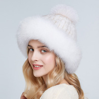 Bonnet en fourrure de vison véritable Bonnet d'hiver pour femmes Chapeaux à bord de renard épais et chaud Casquettes en fourrure de renard avec pompon Bonnets en tricot de fourrure à la mode