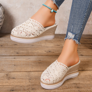 Mules compensées en crochet et dentelle pour femmes, sandales à plateforme ouvertes à enfiler, chaussures décontractées respirantes pour l'été - Product Image 6