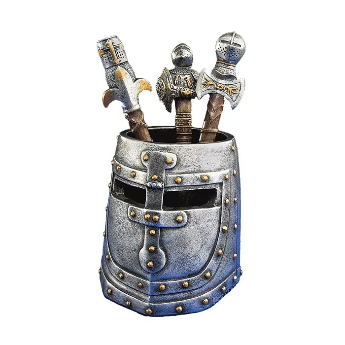 Suporte de caneta para capacete de Cavaleiro Templário em prata poliresina antiga acessório de decoração de mesa novo design