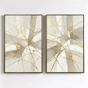 2 Grandes Peintures Murales Modernes en Plâtre Beige et Doré, Abstraites, Peintes à la Main sur Toile, Effet 3D pour la Maison et la <span class=keywords><strong>Galerie</strong></span> - Product Image 2