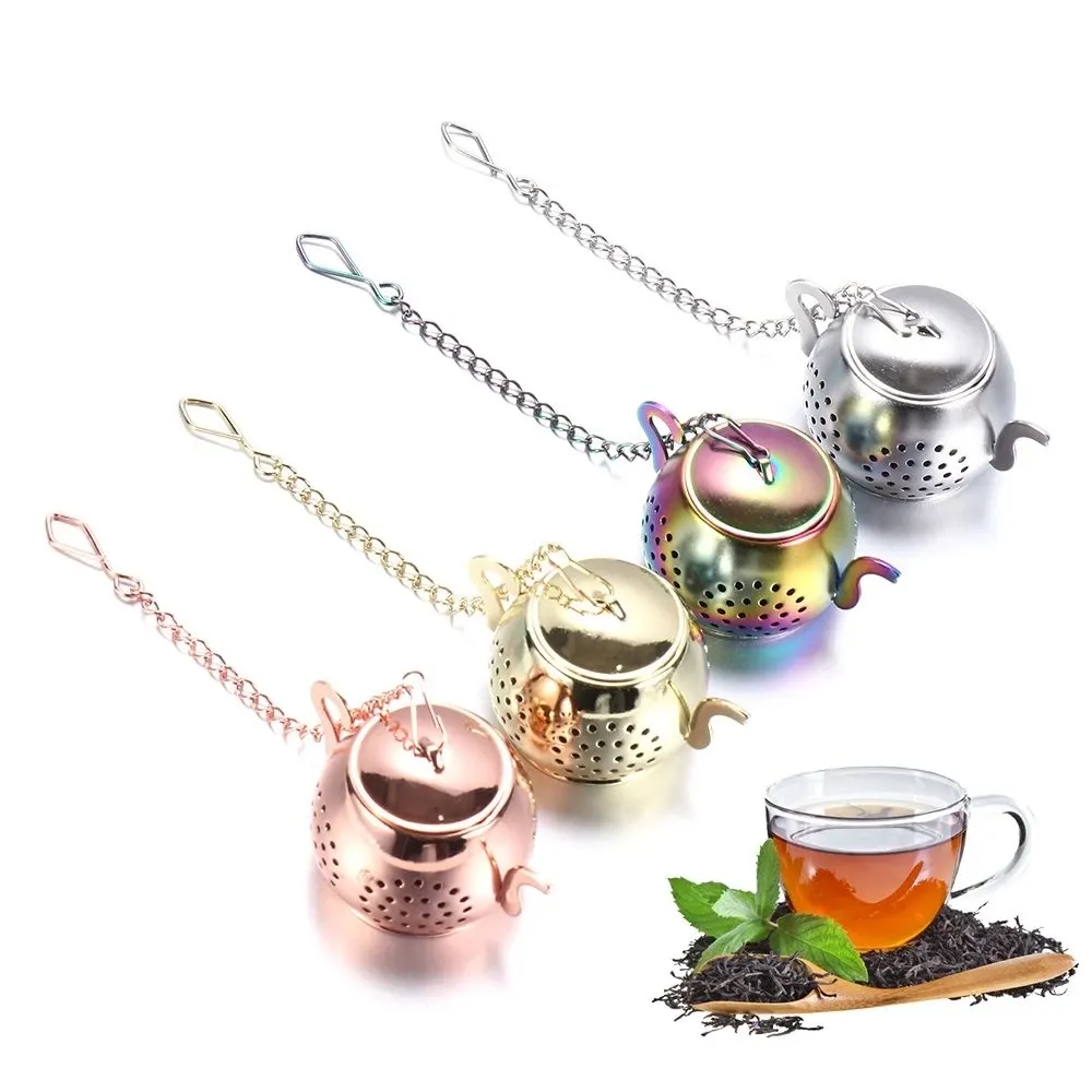 High Quality Teapot Shape Loose Tea Infuser Stainless Steel Leaf Tea Maker Strainer Rainbow Gold Silver Herbal Spice Filter