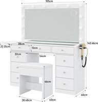Table de toilette moderne en bois blanc de grande capacité, avec un miroir doté de 12 ampoules et 9 tiroirs.
