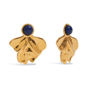 18K Gold Lapis Lazuli Irregular Fan Shaped <b>Stud</b> <b>Earrings</b> Geometric Design Bezel Setting - Product Image 1