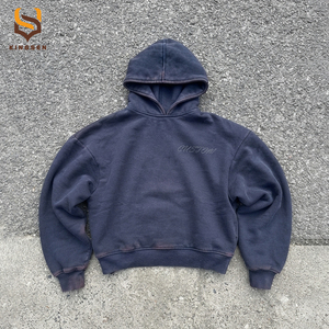Custom 450gsm Vintage Faded Acid Wash <b>Pullover</b> <b>Mens</b> Distressed Oversized Cotton Fleece Drop Shoulder Boxy Fit Crop Hoodie - Product Image 1