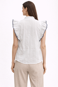 Chemisier Femme Personnalisé OEM en Popeline à Manches Volants, Col Montant, Boutons sur le Devant, Bordure en Dentelle, Tissu Léger et Élégant pour l'Été, Haut Décontracté - Product Image 2