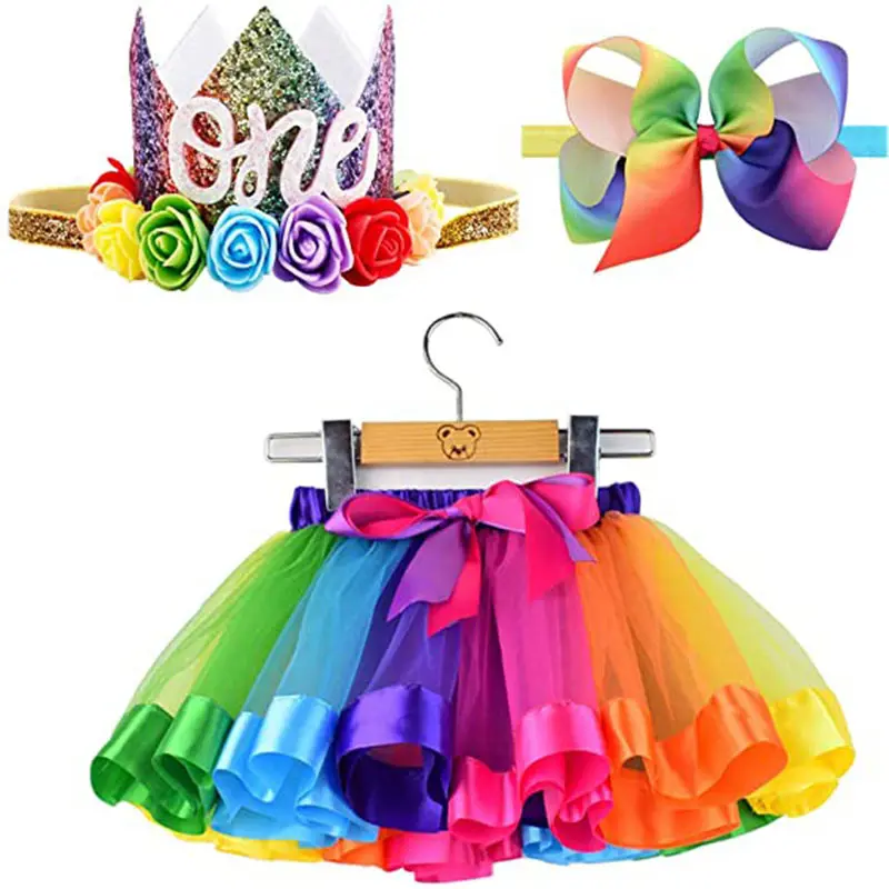 Conjunto de faldas de tul de arcoíris para niñas recién nacidas, diadema de corona y lazo de pelo, falda de tutú para bebés y niñas