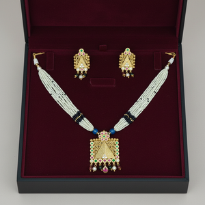 Elegant Silver <b>Beaded</b> Long Necklace <b>Set</b> with Blue White Pearls Gold Traditional Square Pendant and Matching Earrings - Product Image 3