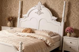 Premium Queen Size White Wood Spindle <b>Bed</b> With Ornate Carved Floral Headboard For French Country Bedroom - Product Image 4
