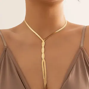 Kpop調節可能なフラットスネークロングチェーンネックレス女性用Wed Temperament Weave Link Choker Chest Neck Jewelry Gift New