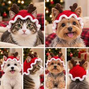 Gorro de reno de ganchillo hecho a mano con borde floral para mascotas, gorro para gatos y perros pequeños, accesorio para fiestas navideñas - Product Image 3