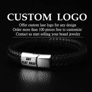 12mm Width Braided Leather Men Bracelets 316L Stainless Steel Cross Charms Cuff Bracelets Bangles Trendy Male Jewelry