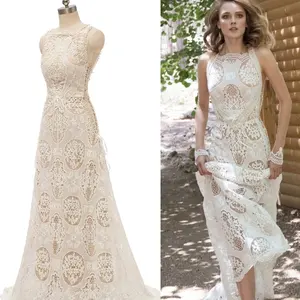 FANWEIMEI #1031Chic VINTAGE Beach Lace Bohemian senza maniche Sweep Train abito da sposa abito da sposa foto reale prezzo di fabbrica