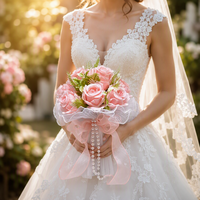 Bouquet de mariée artificiel en roses pour mariage en plein air, avec perles et tulle, bouquet romantique à tenir en main pour la mariée