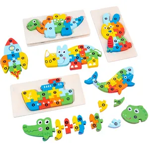 Mainan Puzzle Jigsaw anak-anak, pendidikan dini populer Montessori bentuk warna-warni cocok blok perakitan anak-anak mainan kayu 3d