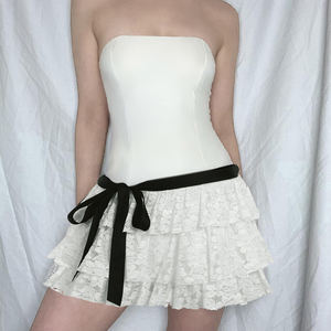 Robe Courte Bustier en Dentelle Patchwork Douce et Sexy, Style Corset Vintage Français avec Nœud Papillon et Jupe Superposée pour Femme - Product Image 1