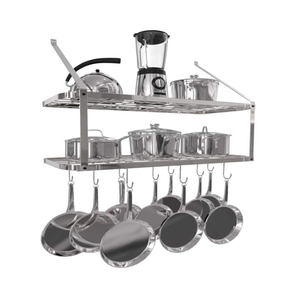 Étagère Support de Pot Mural Poêle Suspendu Crémaillères 2 <span class=keywords><strong>Pneu</strong></span> Argent livre étagère murale en bois - Product Image 1