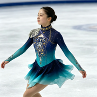 Costume de patinage artistique bleu marine dégradé, robe à manches longues en maille avec strass pour filles adultes, compétition et performance