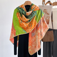 Écharpe carrée en velours à motifs floraux, peinture à l'huile haut de gamme, couleur contrastante, élégante, pour femme, châle d'extérieur, accessoire automne-hiver