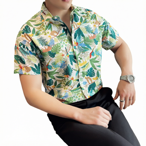 Chemises de plage décontractées pour hommes en coton à manches courtes, imprimé fleurs tropicales, anti-plis, respirantes, simple boutonnage, haute qualité 1135 - Product Image 1
