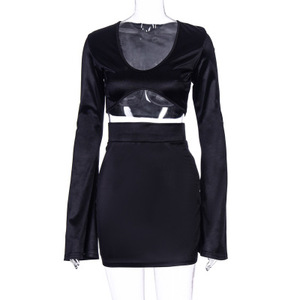 Conjunto a juego de 2 piezas de manga larga acampanada de satén para mujer, minifalda de cintura alta, ropa de fiesta, top y falda, traje de moda - Product Image 2