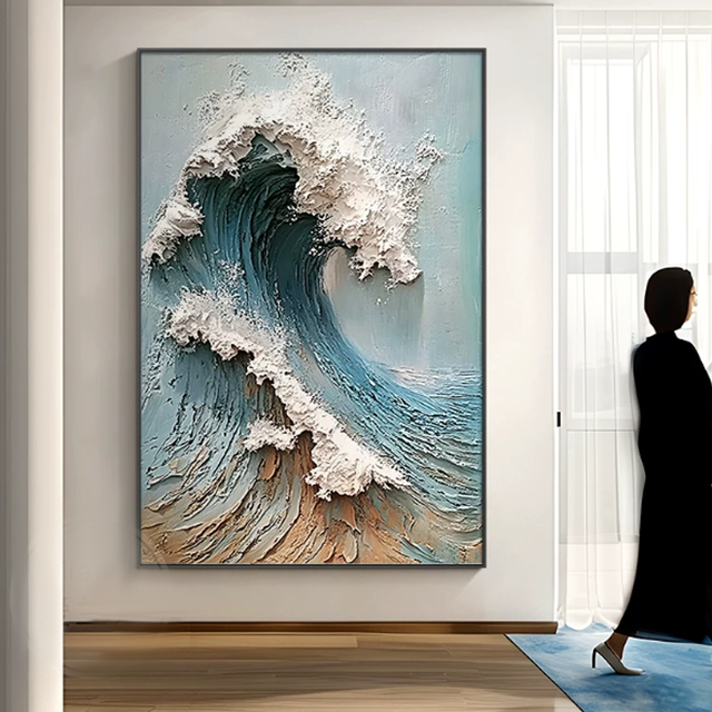 Textured Ocean Wave Canvas Art, Blue Coastal Abstract Wall Painting, Modern Framed Wall Decor