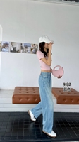 Pantalon large en jean bleu clair pour femme, personnalisé en usine, écologique, respirant, taille haute, effet usé, grande taille, coupe droite