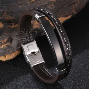 Fashion Double Layer PU Leather Bracelet With White Thread Men Custom Name Black Bar Leather Bracelet