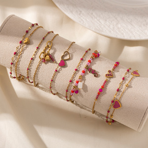 Spring Summer Stainless Steel <b>Bracelet</b> Gold Plated Heart-Shaped Love Pink Beach <b>Beaded</b> Charm <b>Bracelet</b> for Women - Product Image 3