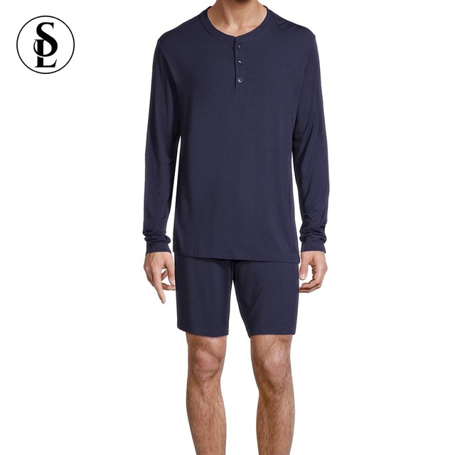 Winter Pyjamas for Men Pullover Long Sleeve Top and Shorts Loungewear Pajama Set Men