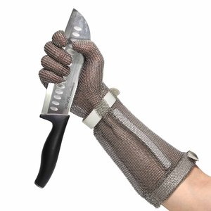 Guantes de seguridad de acero inoxidable resistentes a cortes con correa textil, diseño de malla larga y extensión para carnicería y cocina - Product Image 1