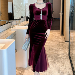 ZYHT 20997 Nuovo Arrivo Abito da Sera <span class=keywords><strong>Midi</strong></span> da Donna Elegante a Sirena in <span class=keywords><strong>Velluto</strong></span> con Decorazioni in Pizzo, Vestibilità Aderente per Inverno e Compleanno - Product Image 1