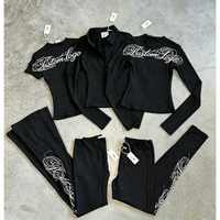 Ensemble 2 pièces pour femmes avec logo brodé personnalisé, haut à manches longues slim fit et pantalon évasé, ensemble de survêtement Y2K pour femmes