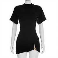 Robe mini moulante noire à col montant en Spandex avec impression numérique, manches courtes, décontractée, pour l'été