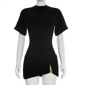 Black Solid Digital Printing Spandex High Neck Mini <b>Dress</b> <b>Short</b> Sleeve Bodycon Casual <b>Summer</b> Hem - Product Image 3