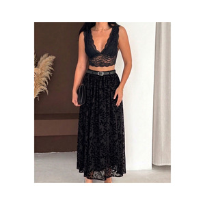 Women's Black Flock Printed Tulle Skirt <b>Elastic</b> Waist Belt Included Length 100 Cm - Product Image 3