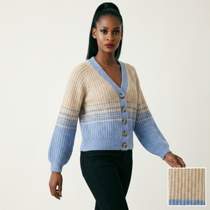 Cardigan da donna in maglia a blocchi di colore a righe con scollo a V, maniche raglan, bottoni, morbido e casual, ideale per l'inverno - Product Image 3