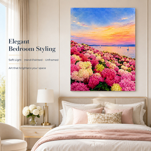 <span class=keywords><strong>Peinture</strong></span> à l'huile de bateau à voile au lever du soleil sur le lac, fleurs roses, côte, montagnes, nuages lumineux, reflets, toile peinte à la main - Product Image 3