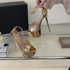 Sandales à talons aiguilles dorées métallisées 2026, plateforme 16 cm, avec bride cheville, pour mariage, pour femme - Product Image 4