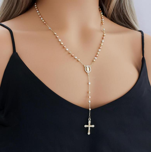 FN7017 Rosario de Oro Laminado Tricolor con Cuentas y Dijes de la Virgen María y Cruz, Collar de Oro de 14k, Joyería Católica al Por Mayor de China - Product Image 3